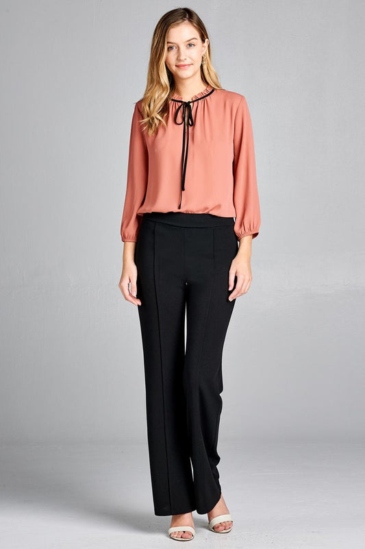Ladies fashion plus size 3/4 sleeve contrast color tie woven top