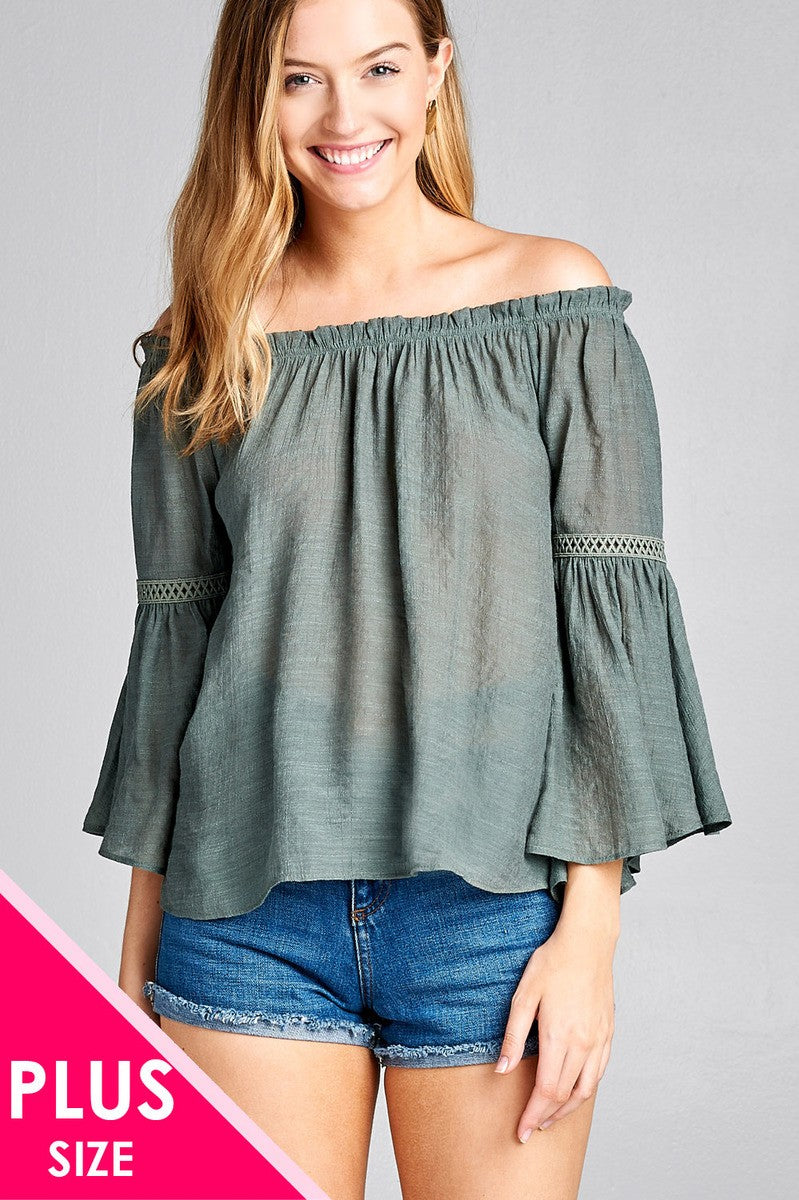 Ladies fashion plus size 3/4 bell sleeve w/lace trim off the shoulder slub gauze woven top