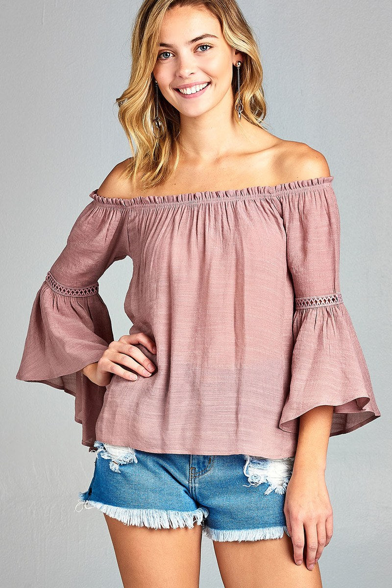 Ladies fashion plus size 3/4 bell sleeve w/lace trim off the shoulder slub gauze woven top