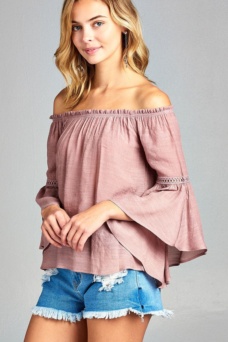 Ladies fashion plus size 3/4 bell sleeve w/lace trim off the shoulder slub gauze woven top