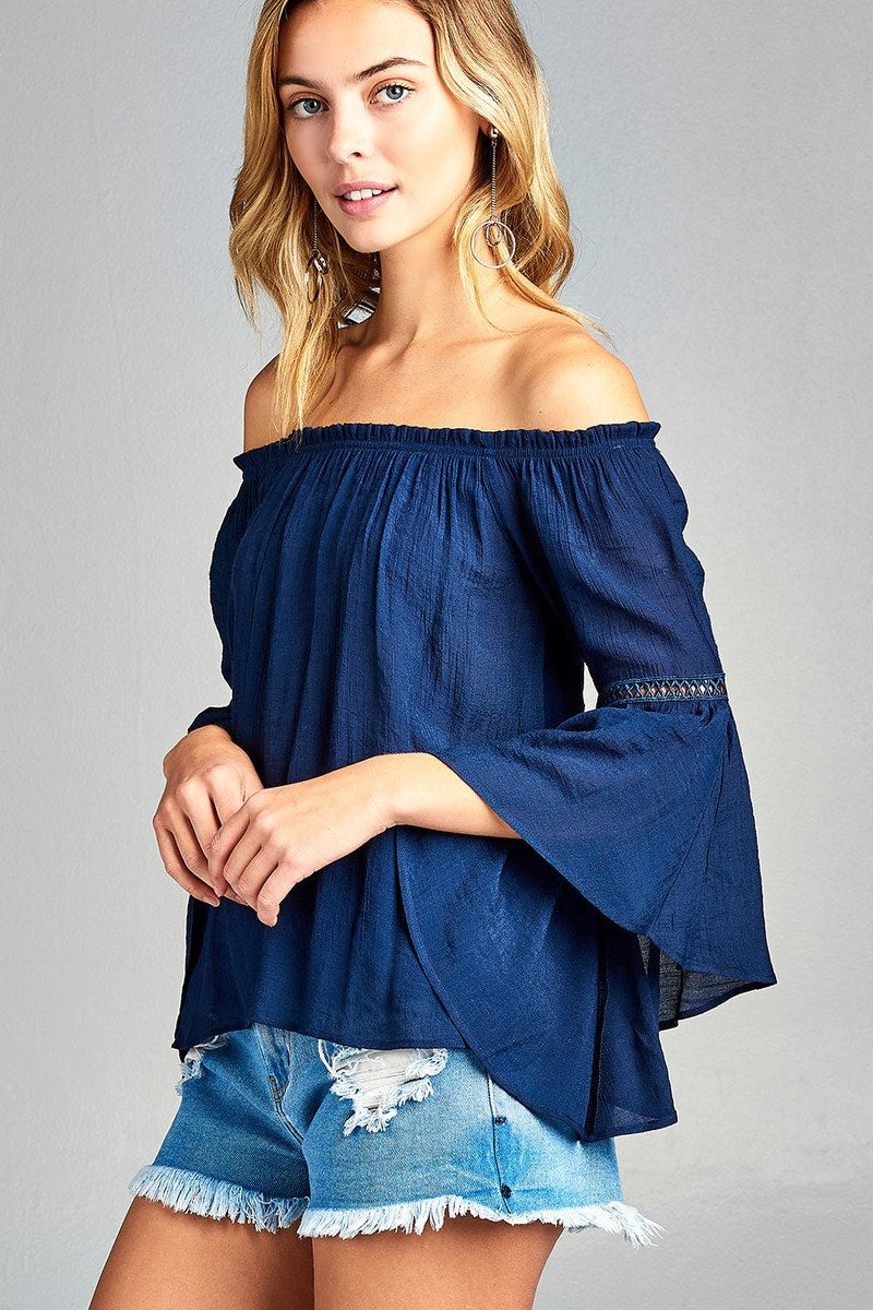 Ladies fashion plus size 3/4 bell sleeve w/lace trim off the shoulder slub gauze woven top