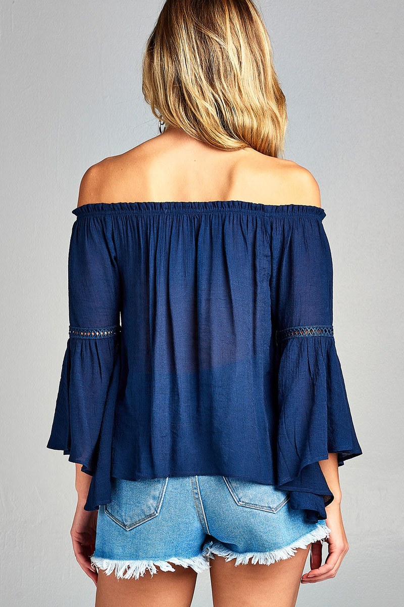 Ladies fashion plus size 3/4 bell sleeve w/lace trim off the shoulder slub gauze woven top