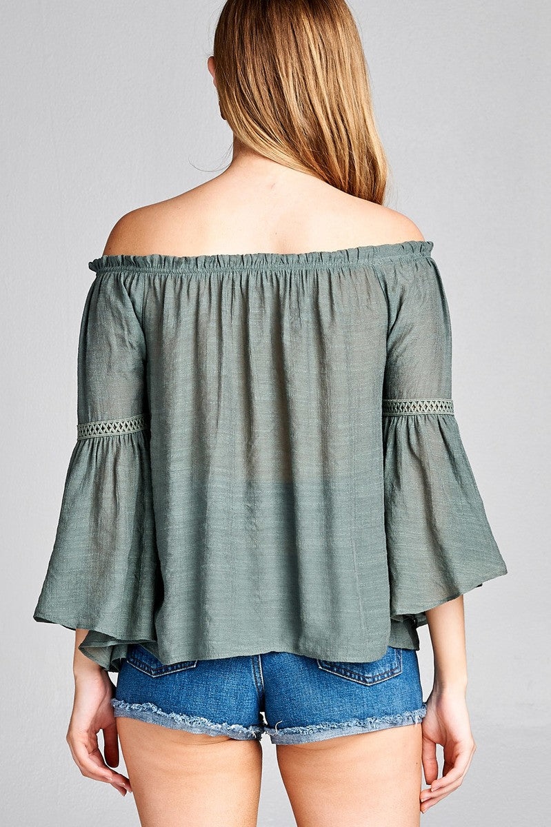 Ladies fashion plus size 3/4 bell sleeve w/lace trim off the shoulder slub gauze woven top