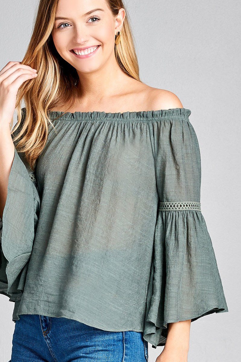 Ladies fashion plus size 3/4 bell sleeve w/lace trim off the shoulder slub gauze woven top
