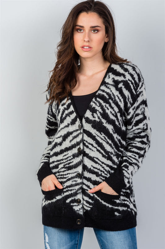Ladies fashion white & black fuzzy button down cardigan