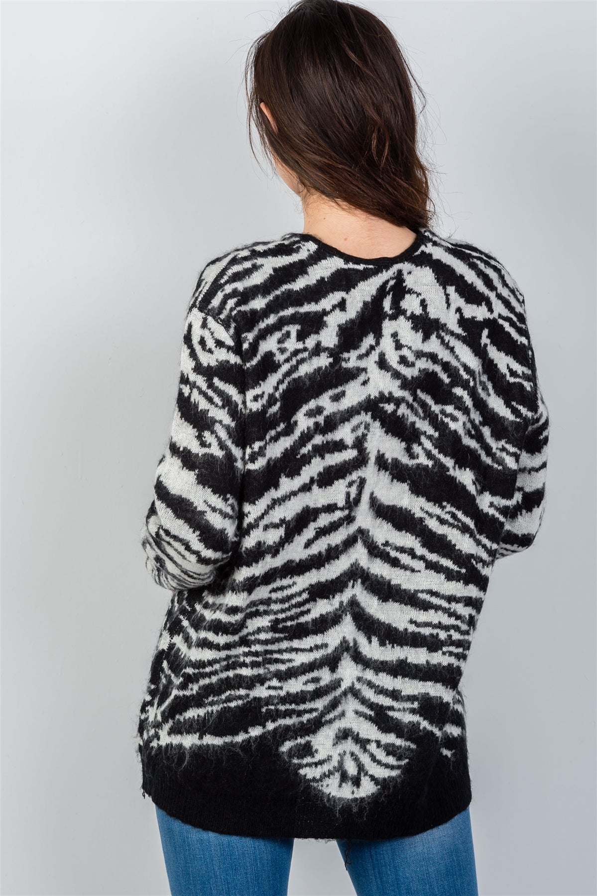 Ladies fashion white & black fuzzy button down cardigan
