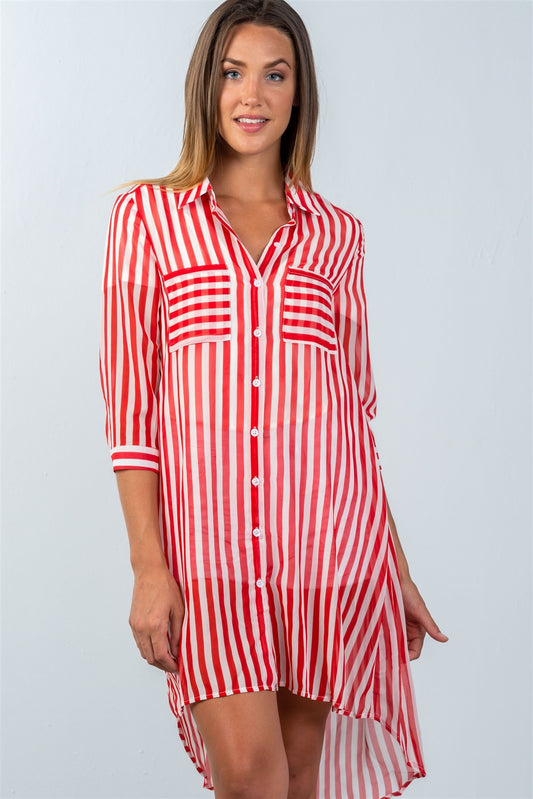 Ladies fashion 3/4 sleeve  semi sheer striped hi-low blouse