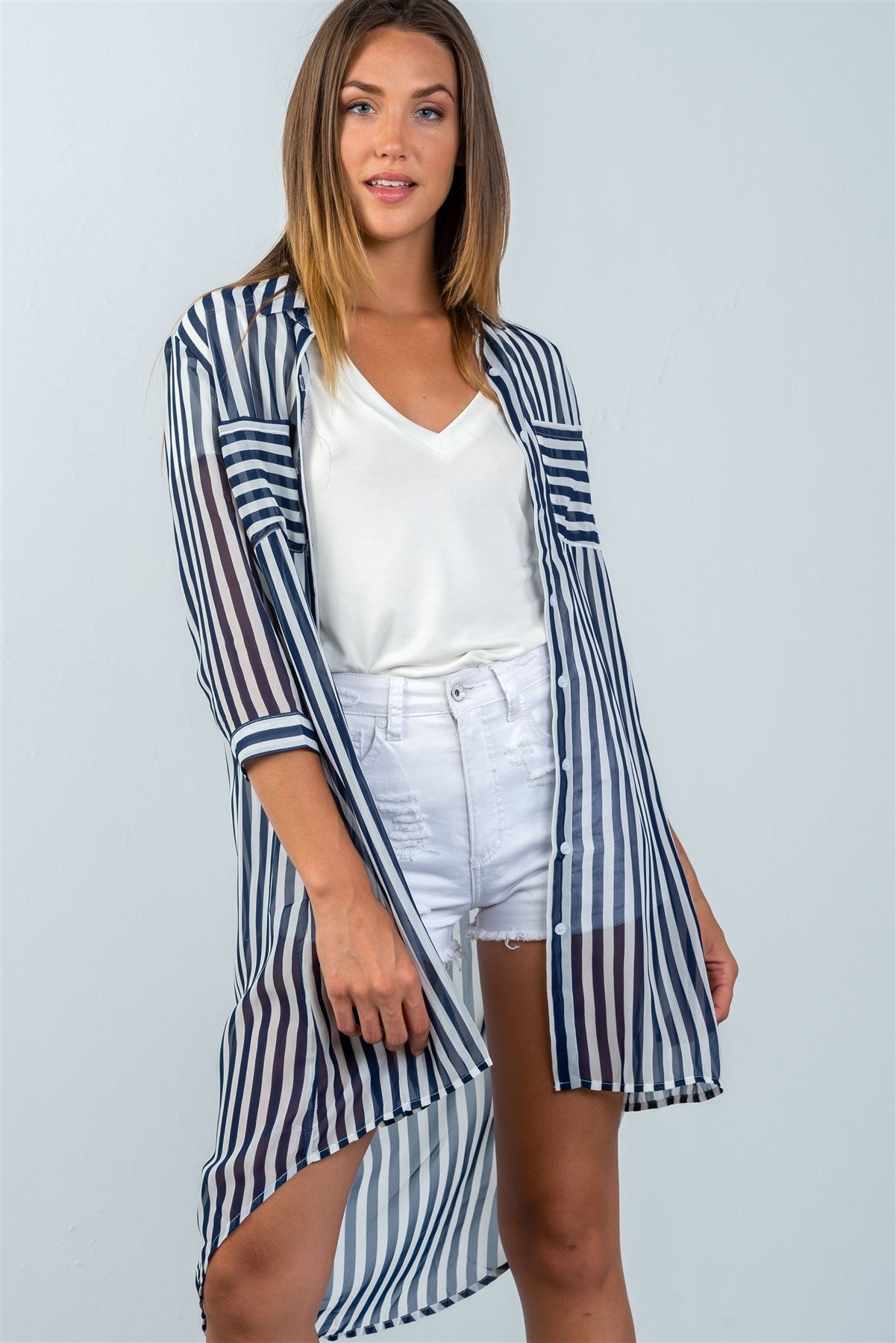 Ladies fashion 3/4 sleeve  semi sheer striped hi-low blouse