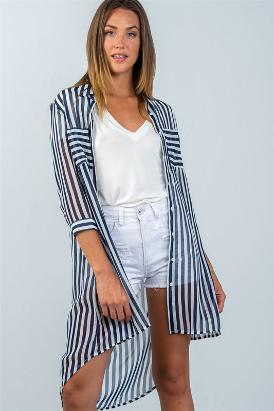 Ladies fashion 3/4 sleeve  semi sheer striped hi-low blouse