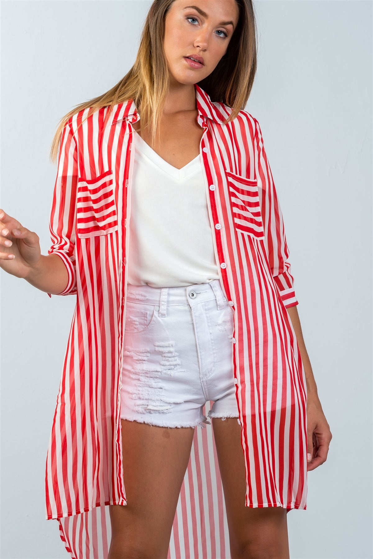 Ladies fashion 3/4 sleeve  semi sheer striped hi-low blouse
