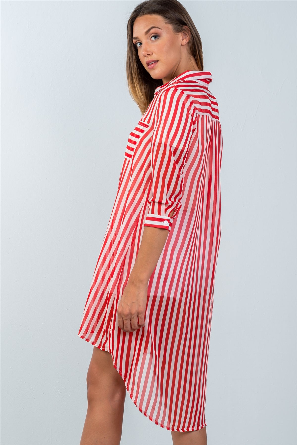 Ladies fashion 3/4 sleeve  semi sheer striped hi-low blouse