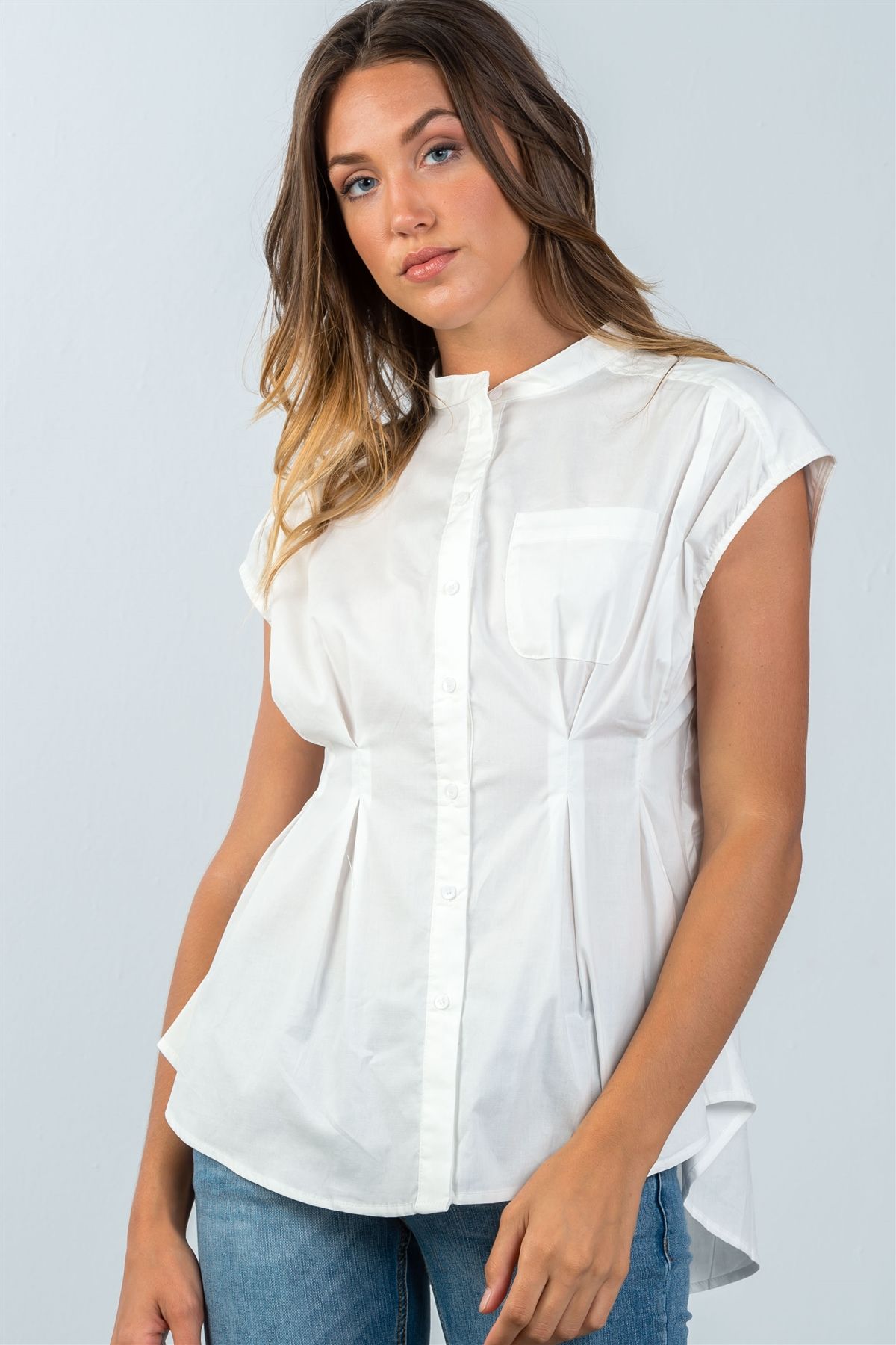 Ladies fashion round neckline white one pocket cap sleeve blouse
