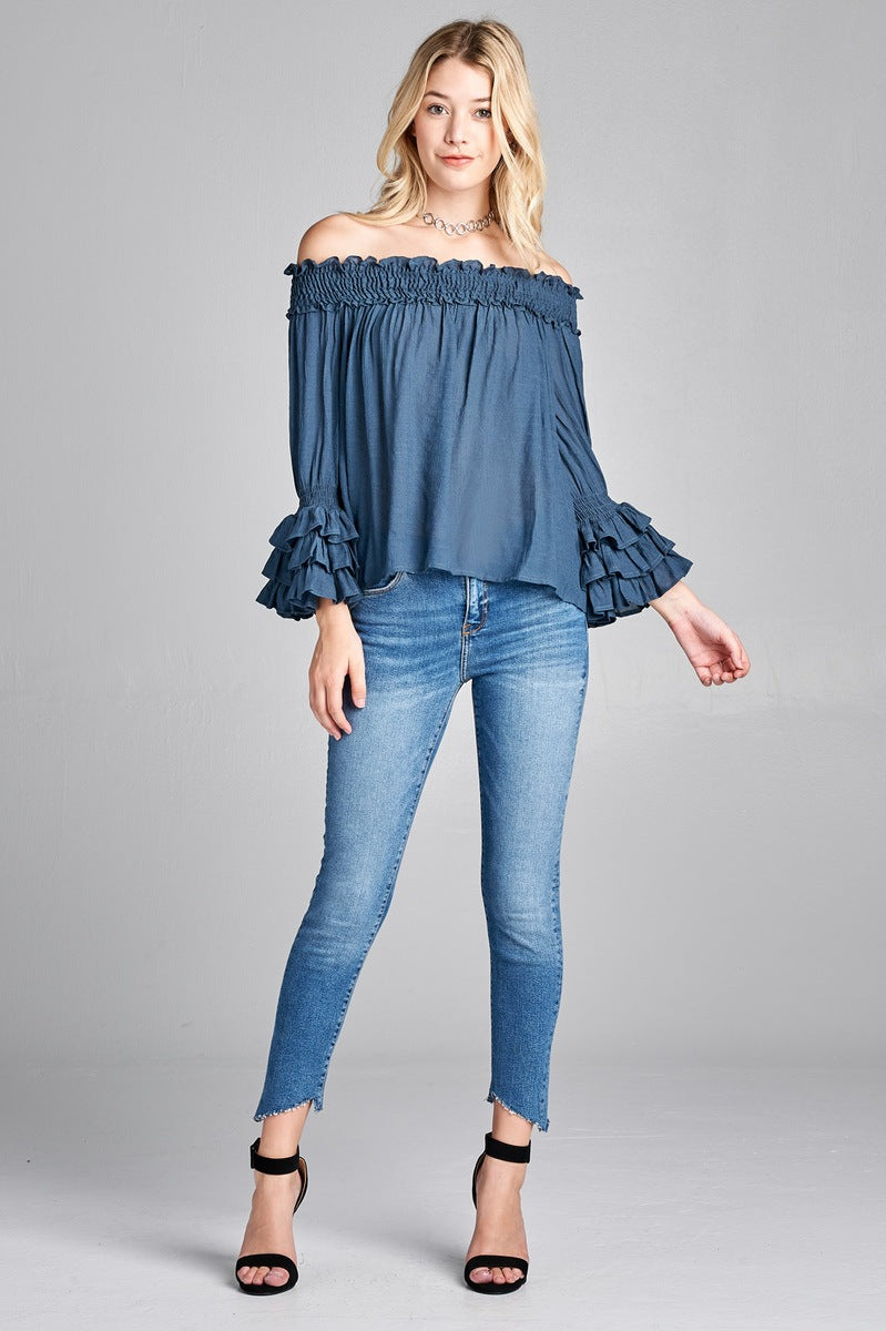 Ladies fashion long sleeve w/ruffle off the shoulder woven top