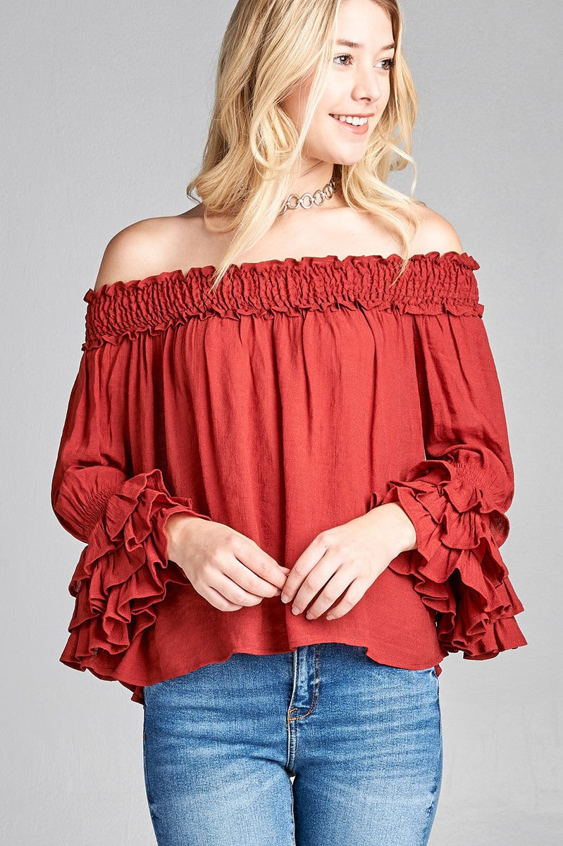 Ladies fashion long sleeve w/ruffle off the shoulder woven top