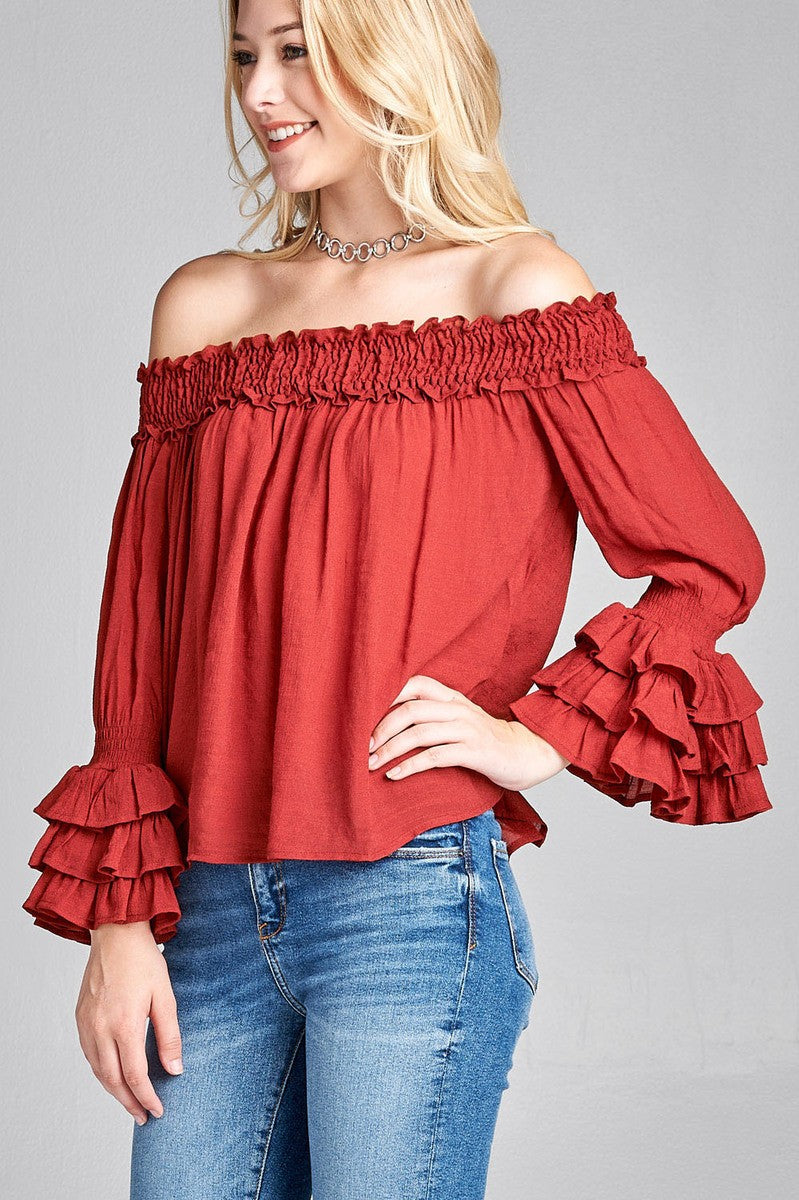 Ladies fashion long sleeve w/ruffle off the shoulder woven top