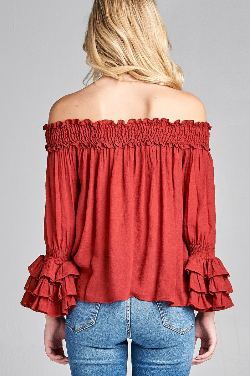 Ladies fashion long sleeve w/ruffle off the shoulder woven top