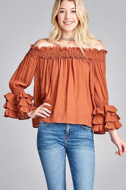 Ladies fashion long sleeve w/ruffle off the shoulder woven top