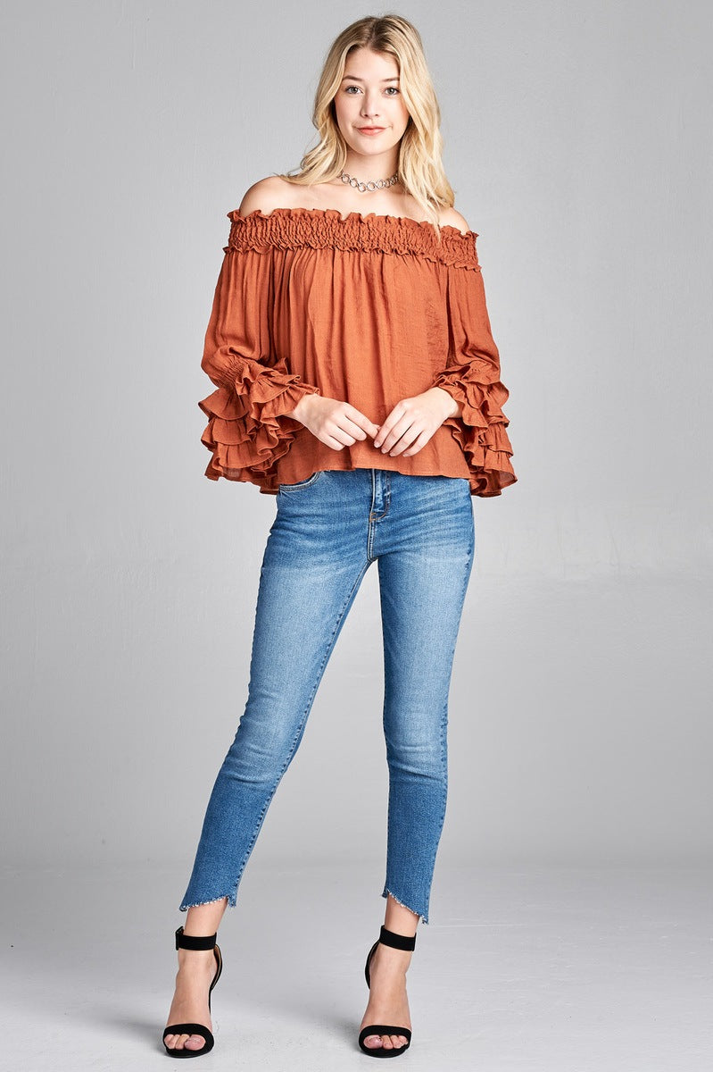 Ladies fashion long sleeve w/ruffle off the shoulder woven top