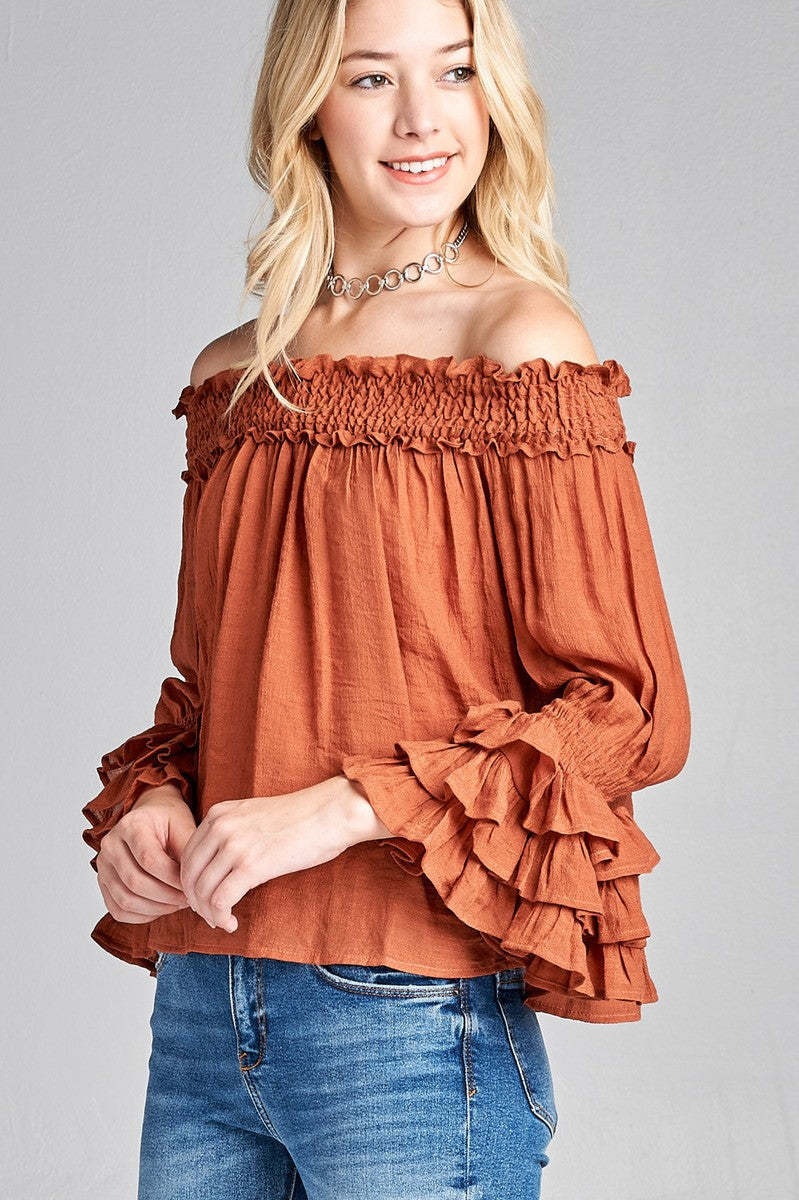 Ladies fashion long sleeve w/ruffle off the shoulder woven top
