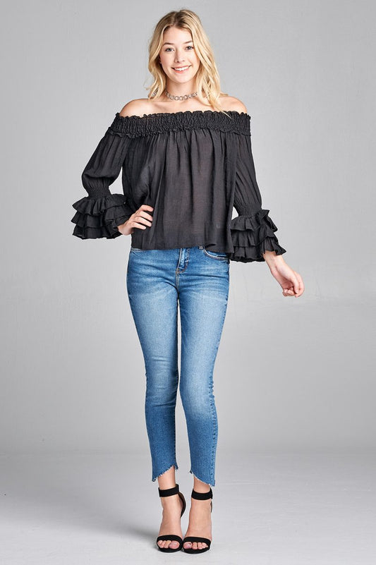 Ladies fashion long sleeve w/ruffle off the shoulder woven top