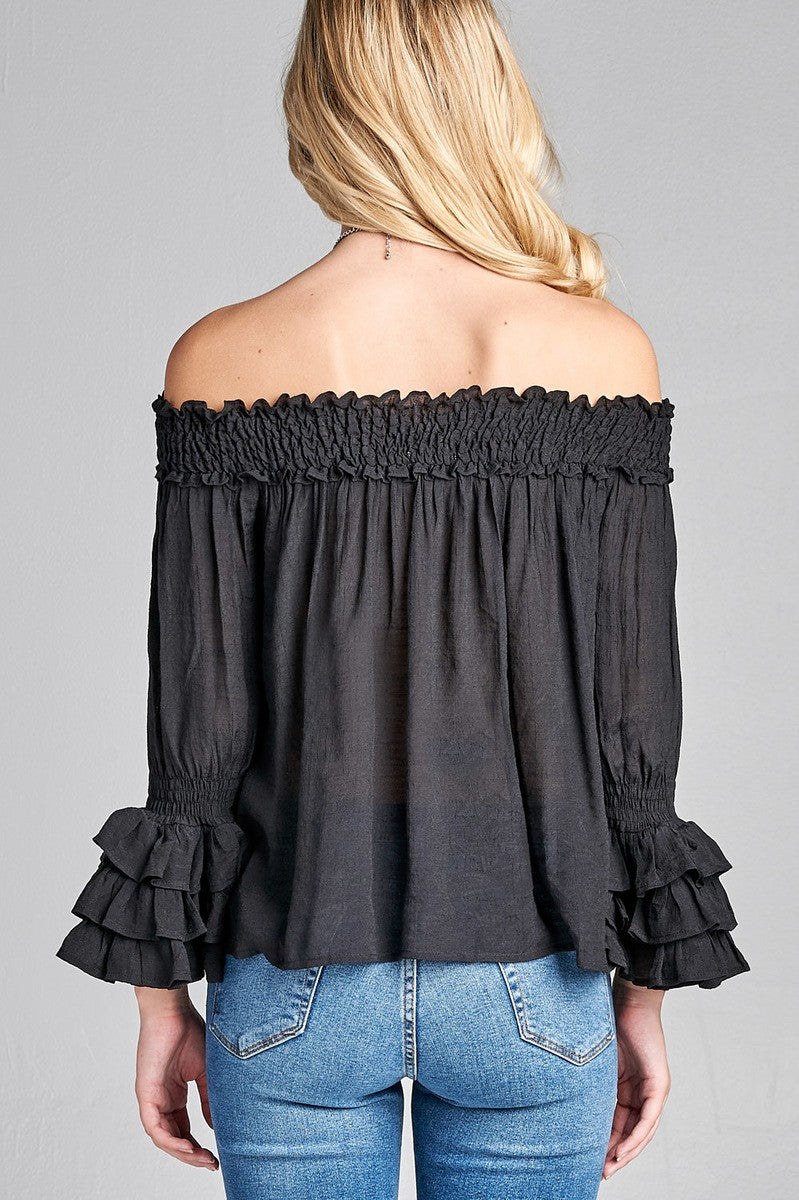 Ladies fashion long sleeve w/ruffle off the shoulder woven top