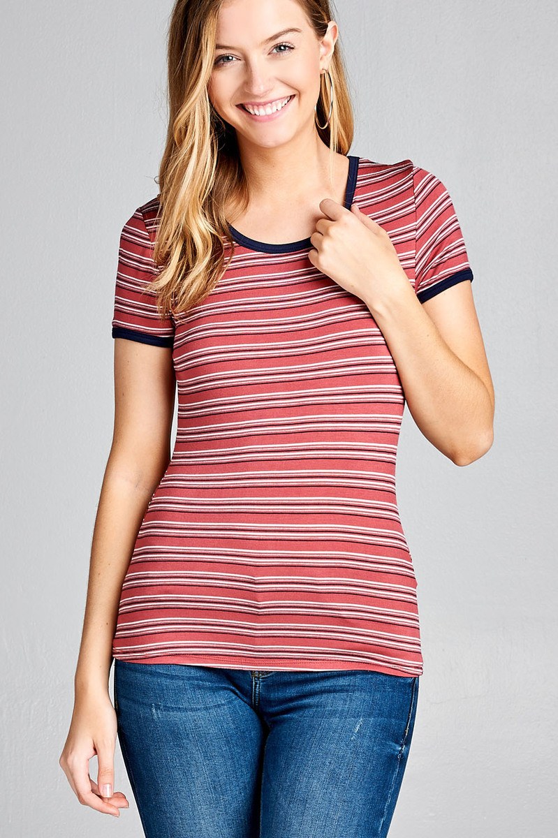 Ladies fashion short sleeve round neck yarn dye stripe rayon spandex jersey top