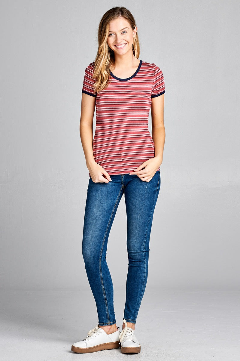 Ladies fashion short sleeve round neck yarn dye stripe rayon spandex jersey top