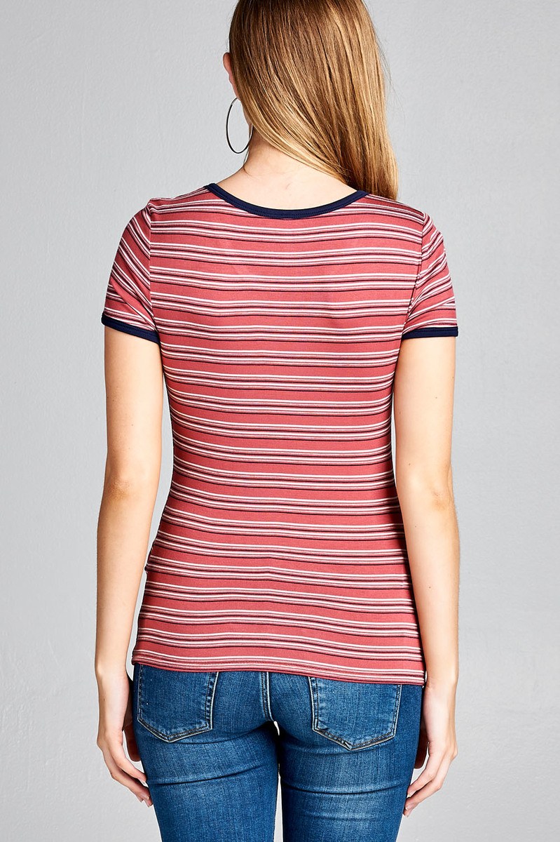 Ladies fashion short sleeve round neck yarn dye stripe rayon spandex jersey top