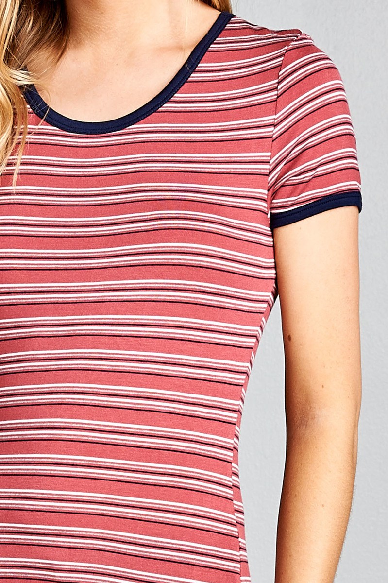 Ladies fashion short sleeve round neck yarn dye stripe rayon spandex jersey top