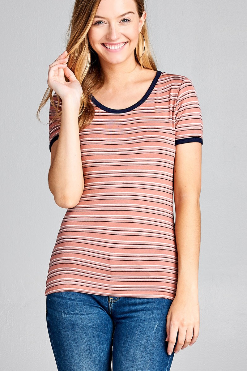 Ladies fashion short sleeve round neck yarn dye stripe rayon spandex jersey top
