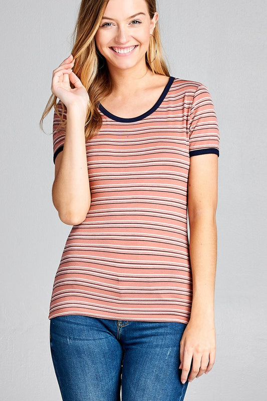 Ladies fashion short sleeve round neck yarn dye stripe rayon spandex jersey top