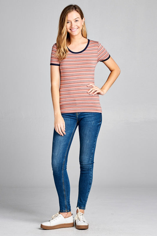Ladies fashion short sleeve round neck yarn dye stripe rayon spandex jersey top