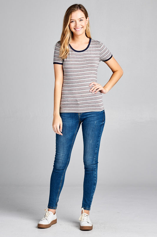 Ladies fashion short sleeve round neck yarn dye stripe rayon spandex jersey top