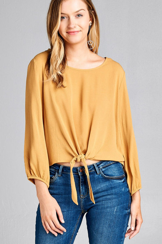 Ladies fashion long sleeve round neck front bow tie crinkle gauze woven top