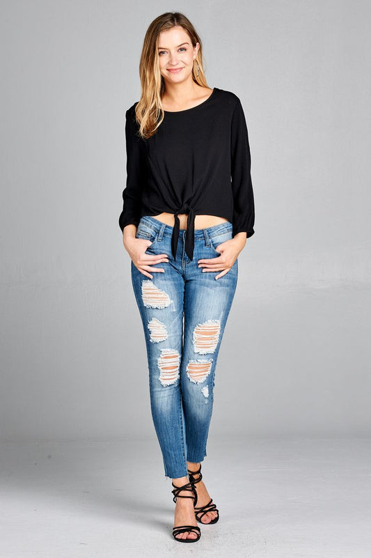 Ladies fashion long sleeve round neck front bow tie crinkle gauze woven top