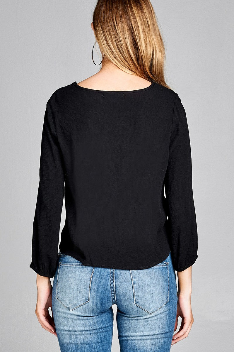 Ladies fashion long sleeve round neck front bow tie crinkle gauze woven top