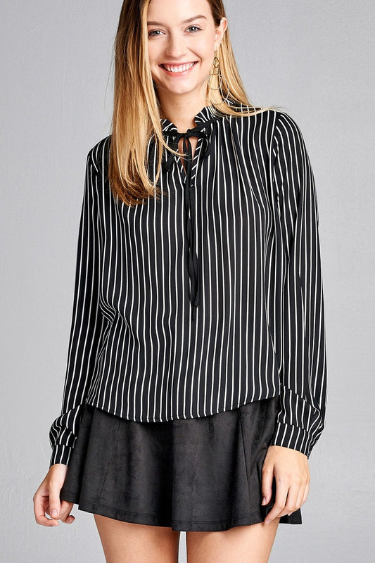 Ladies fashion long sleeve contrast tie stripe wool dobby woven top