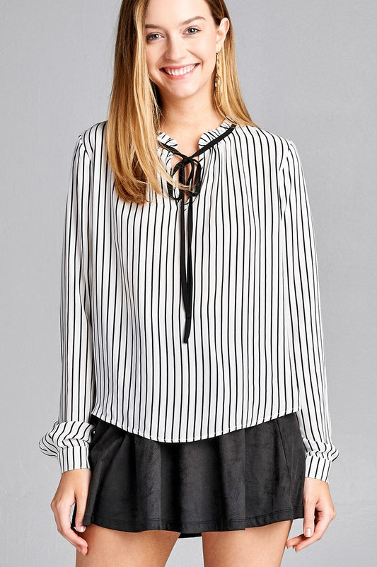Ladies fashion long sleeve contrast tie stripe wool dobby woven top