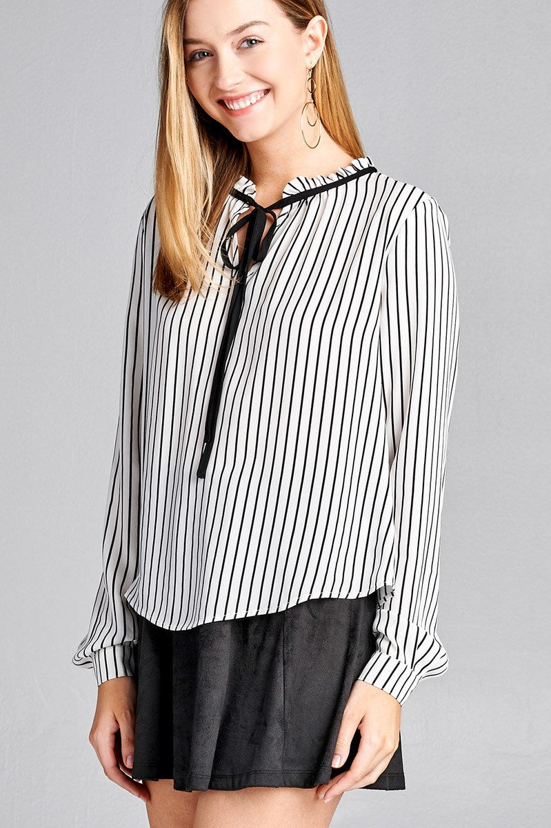 Ladies fashion long sleeve contrast tie stripe wool dobby woven top