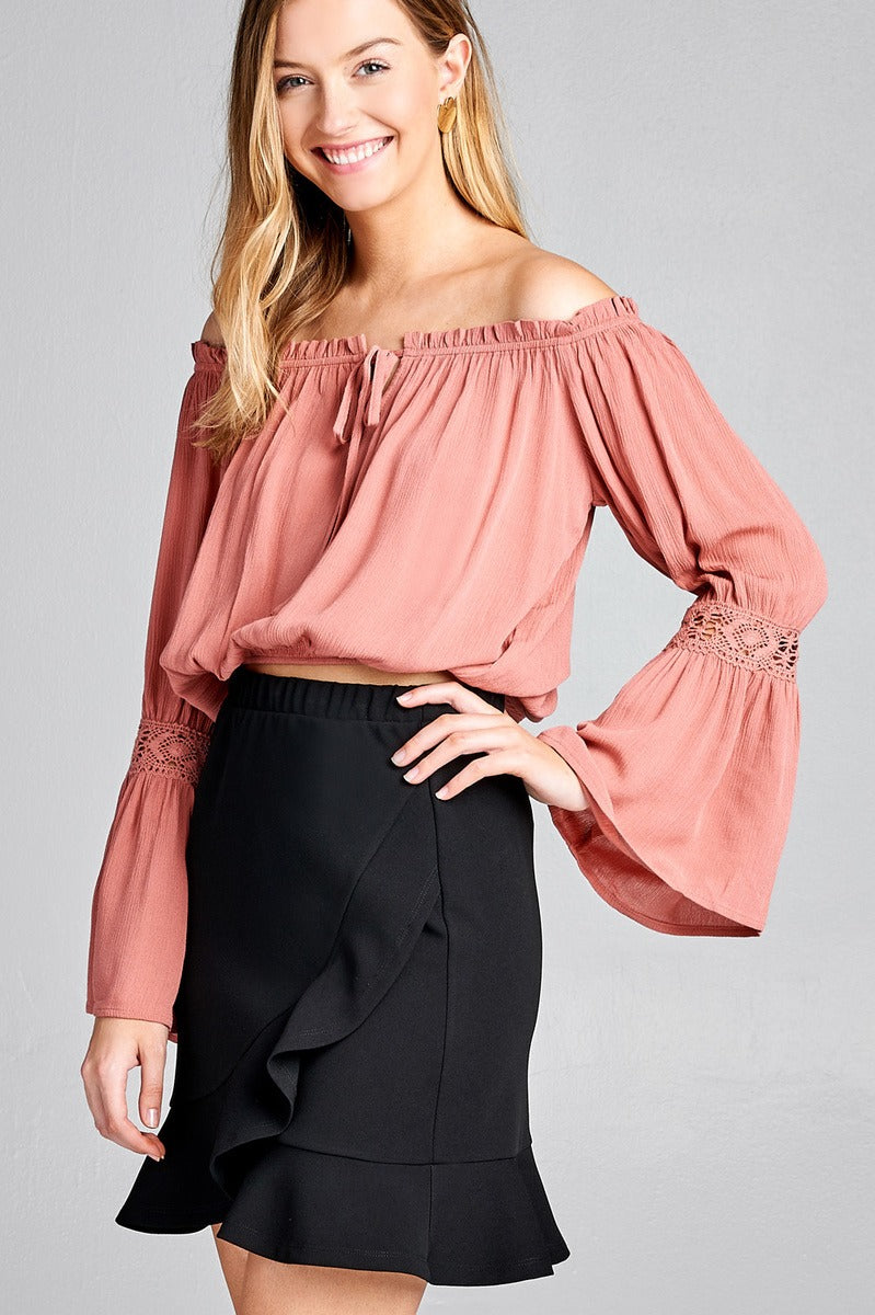 Ladies fashion long sleeve w/lace trim off the shoulder self tie front crinkle gauze woven top