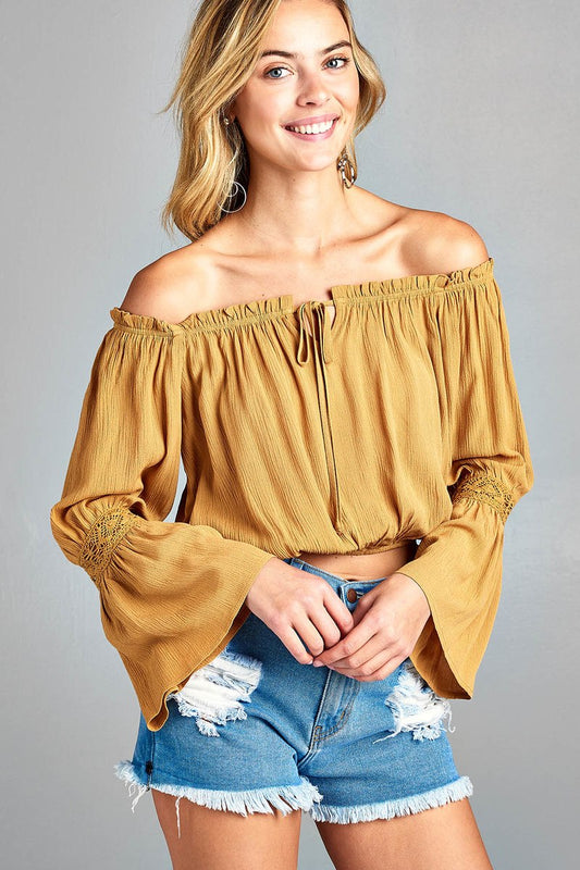 Ladies fashion long sleeve w/lace trim off the shoulder self tie front crinkle gauze woven top