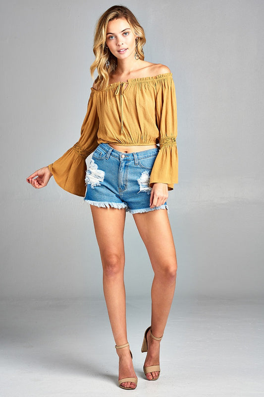 Ladies fashion long sleeve w/lace trim off the shoulder self tie front crinkle gauze woven top