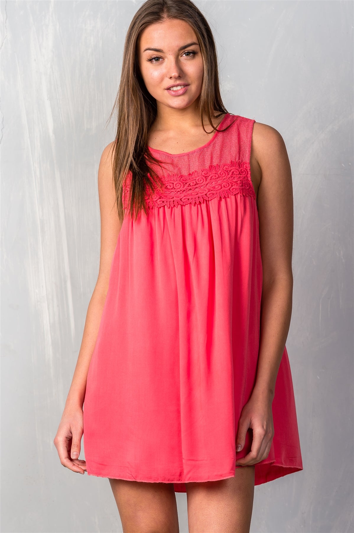 Ladies fashion sleeveless boho crochet-lace yoke shift dress