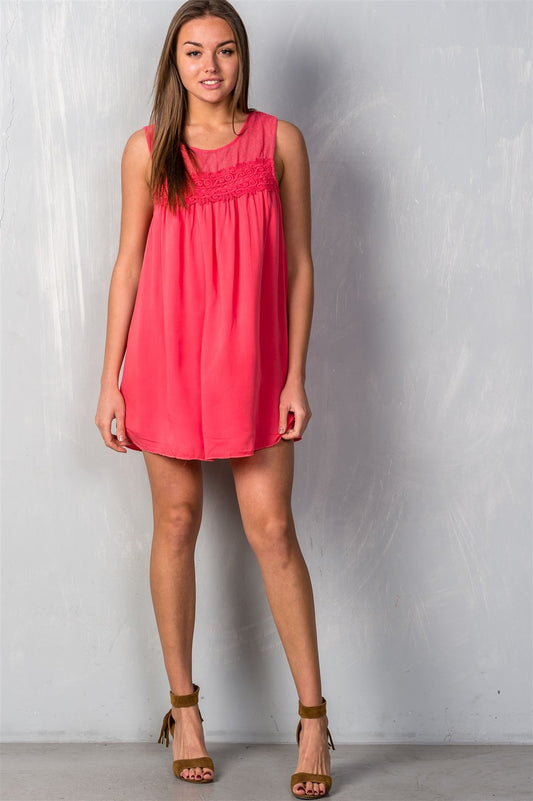 Ladies fashion sleeveless boho crochet-lace yoke shift dress