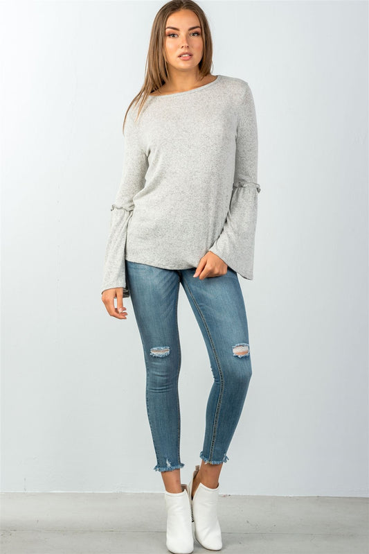 Ladies fashion grey comfy ruffle detail at elbow long bell sleeves top