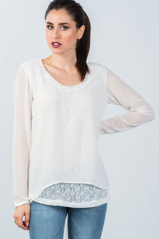 Ladies fashion long mesh sleeve top with lace underlining