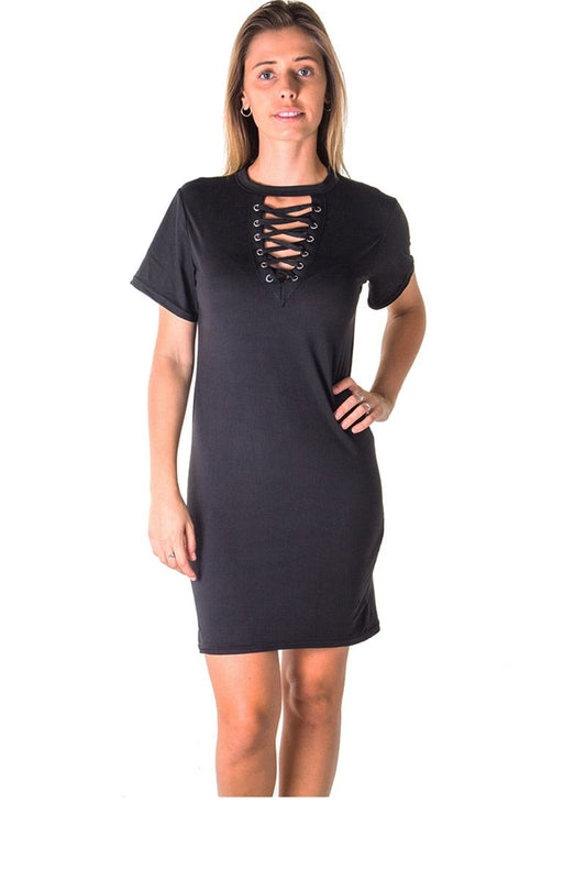 Ladies fashion knit bodycon v neck lace up mini dress