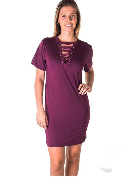 Ladies fashion knit bodycon v neck lace up mini dress