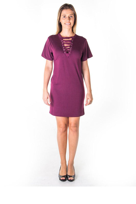 Ladies fashion knit bodycon v neck lace up mini dress
