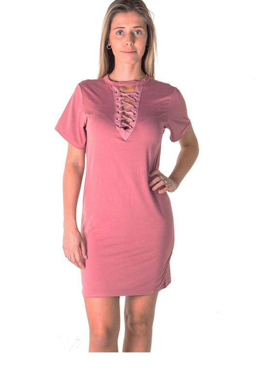 Ladies fashion knit bodycon v neck lace up mini dress